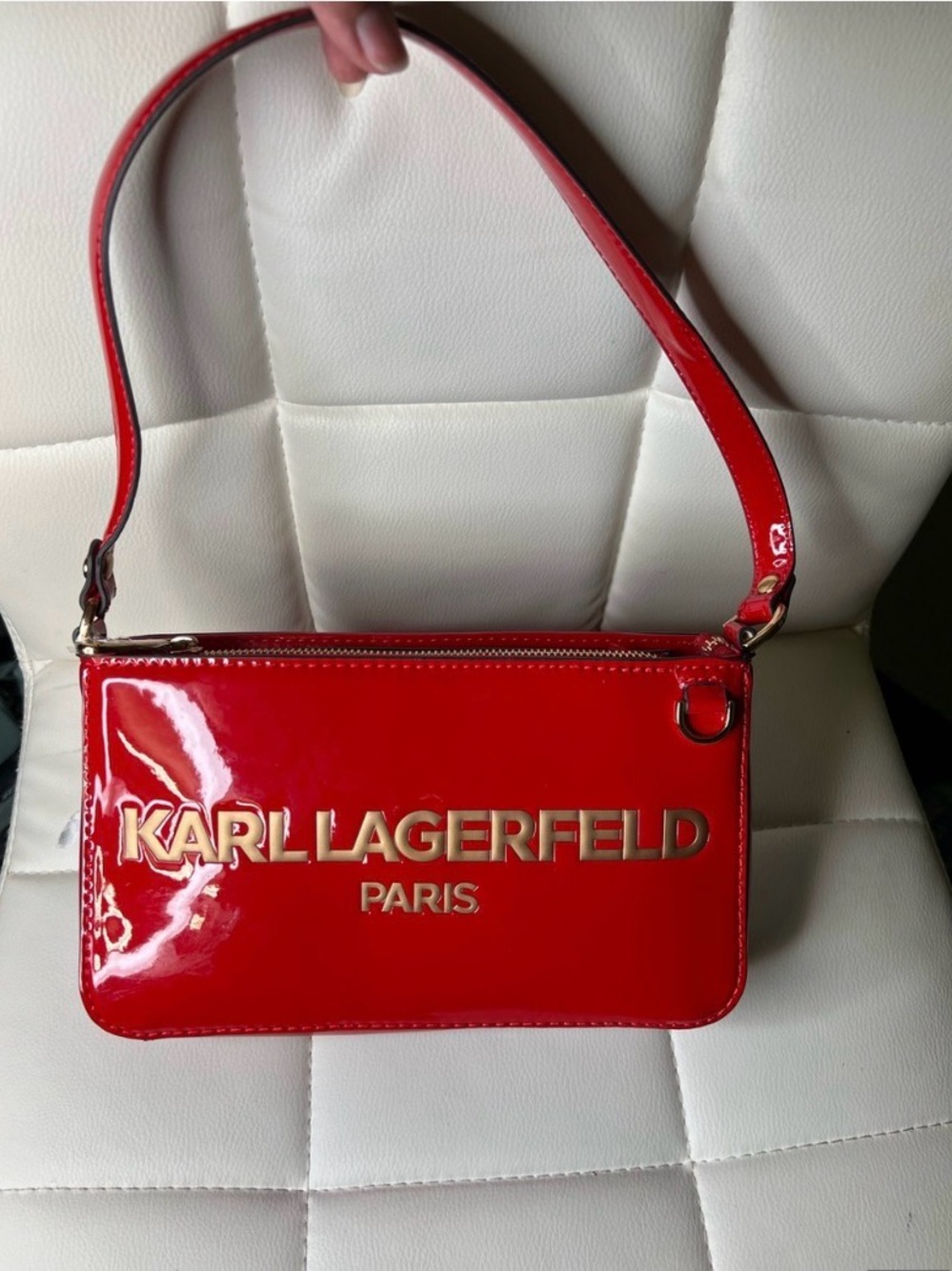 Karl Lagerfeld Red Patent Shoulder Bag with Gold Logo Accent
